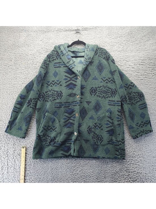 Sweaters - Sweater Womens 2XL Green Aztec Pattern Polyester Hooded Relaxed Fit Warm